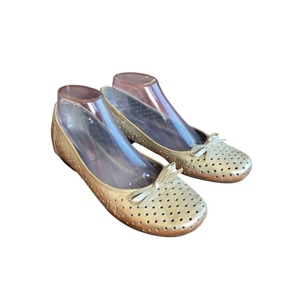 ECCO 528518 Gold Metallic Perforated Leather Bow Ballet Flats Womens EU 41